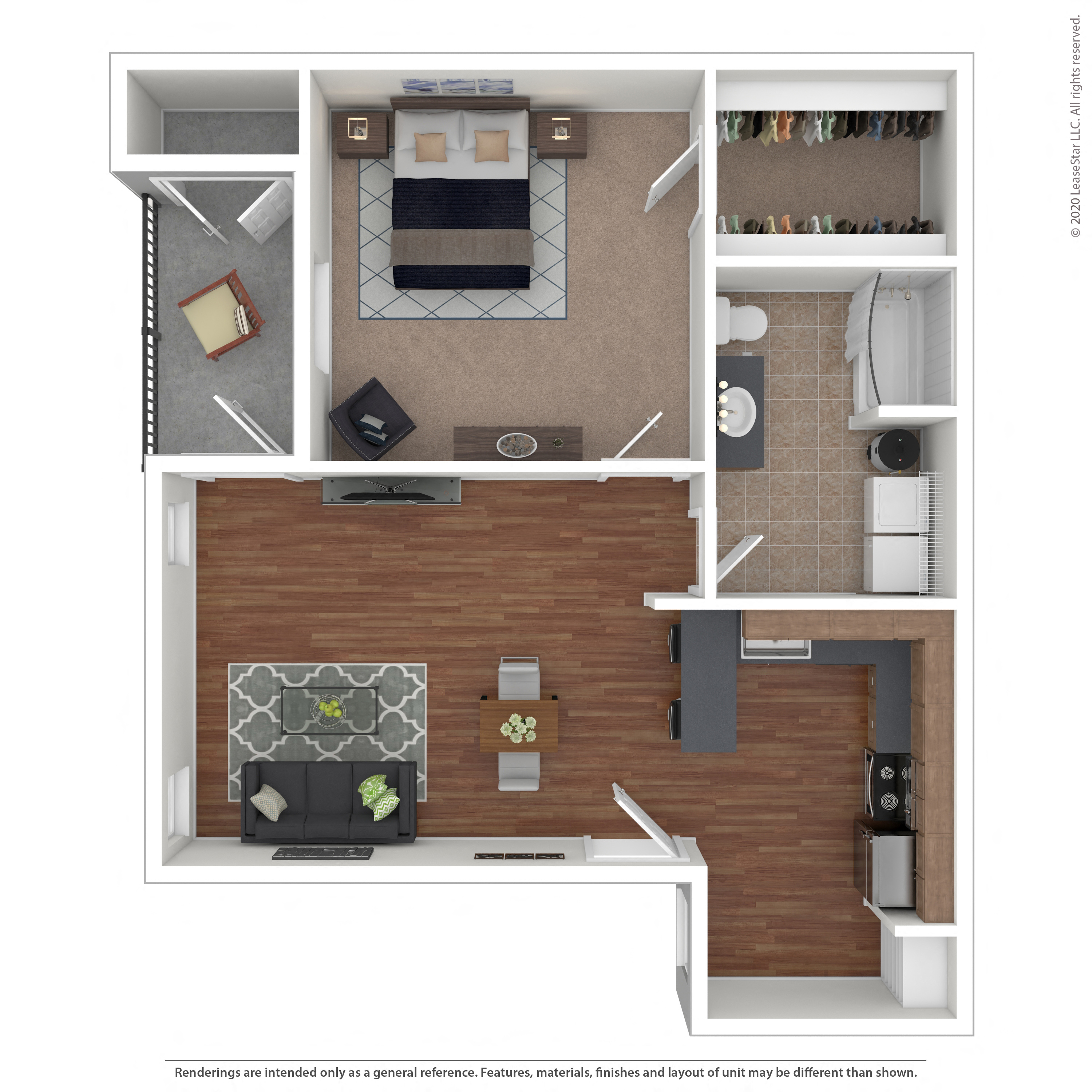 Floor plan for 1 bed, 1 bath, 620 sqft